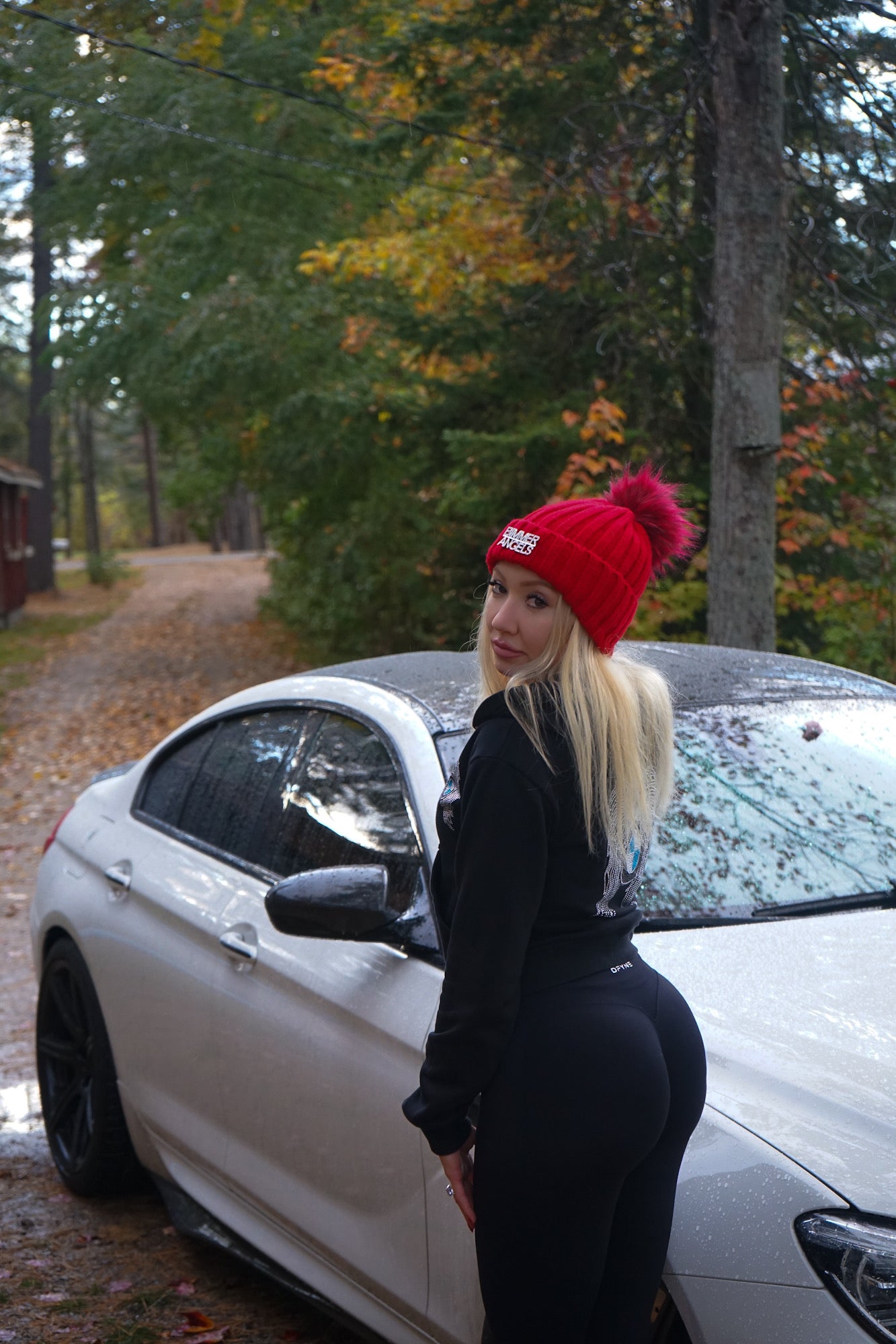 Crimson Red Fur Pom Beanie - Bimmer Angels