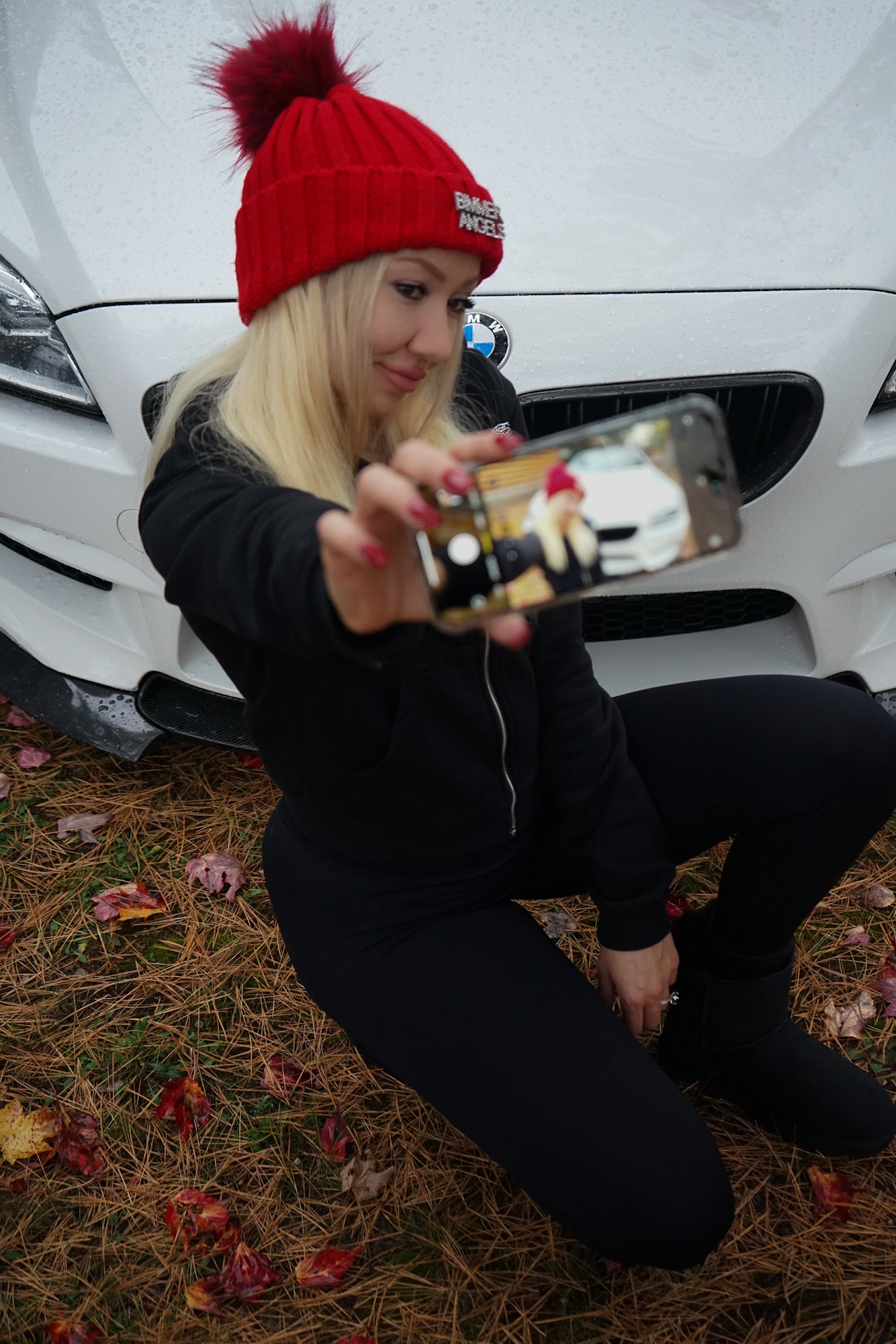 Crimson Red Fur Pom Beanie - Bimmer Angels