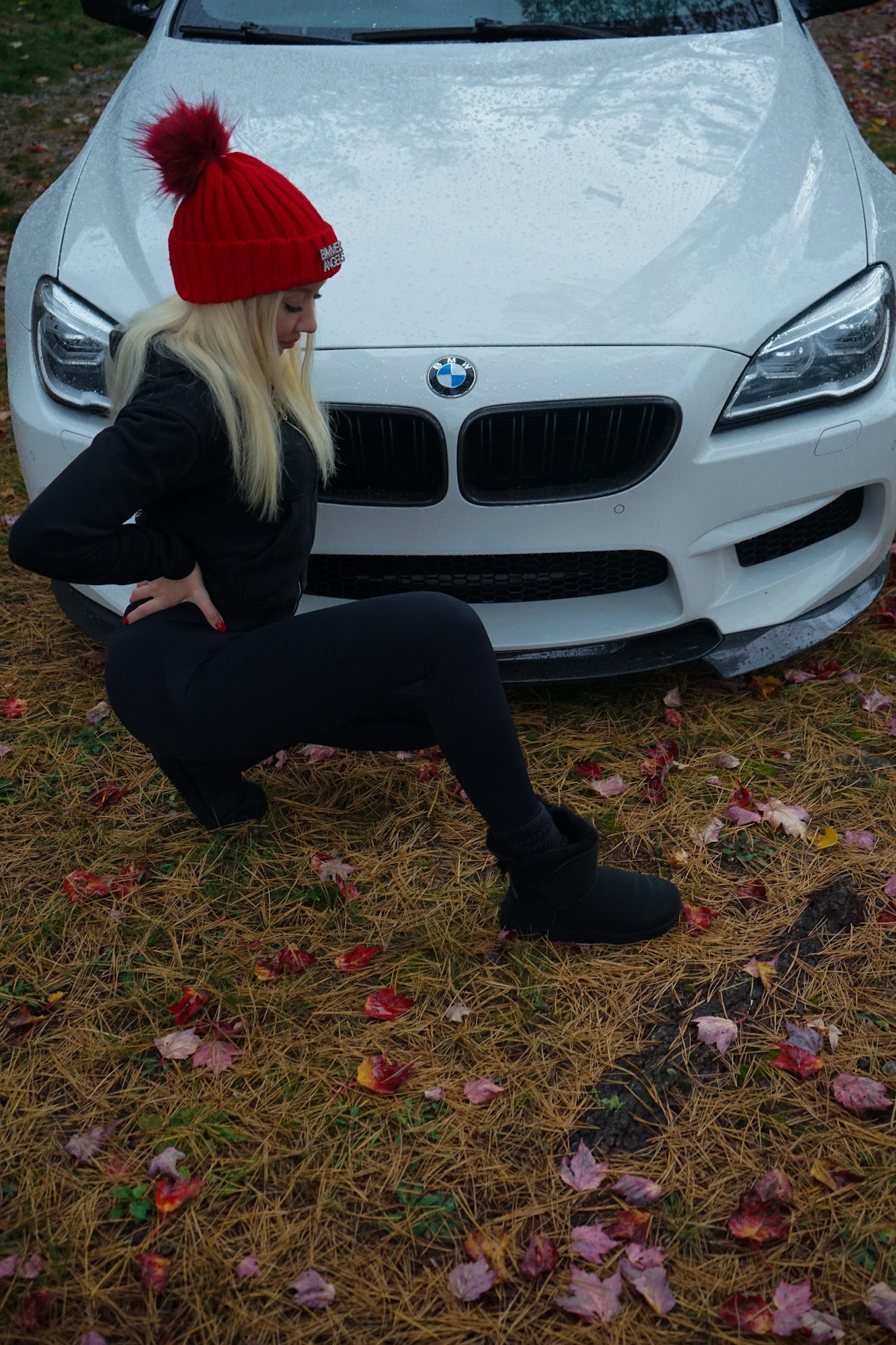 Crimson Red Fur Pom Beanie - Bimmer Angels
