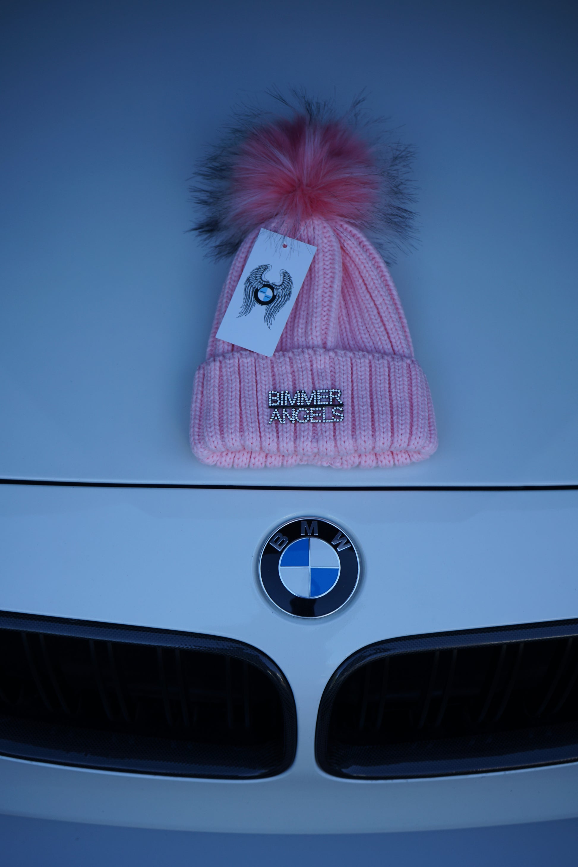 Rose Pink Fur Pom Beanie - Bimmer Angels