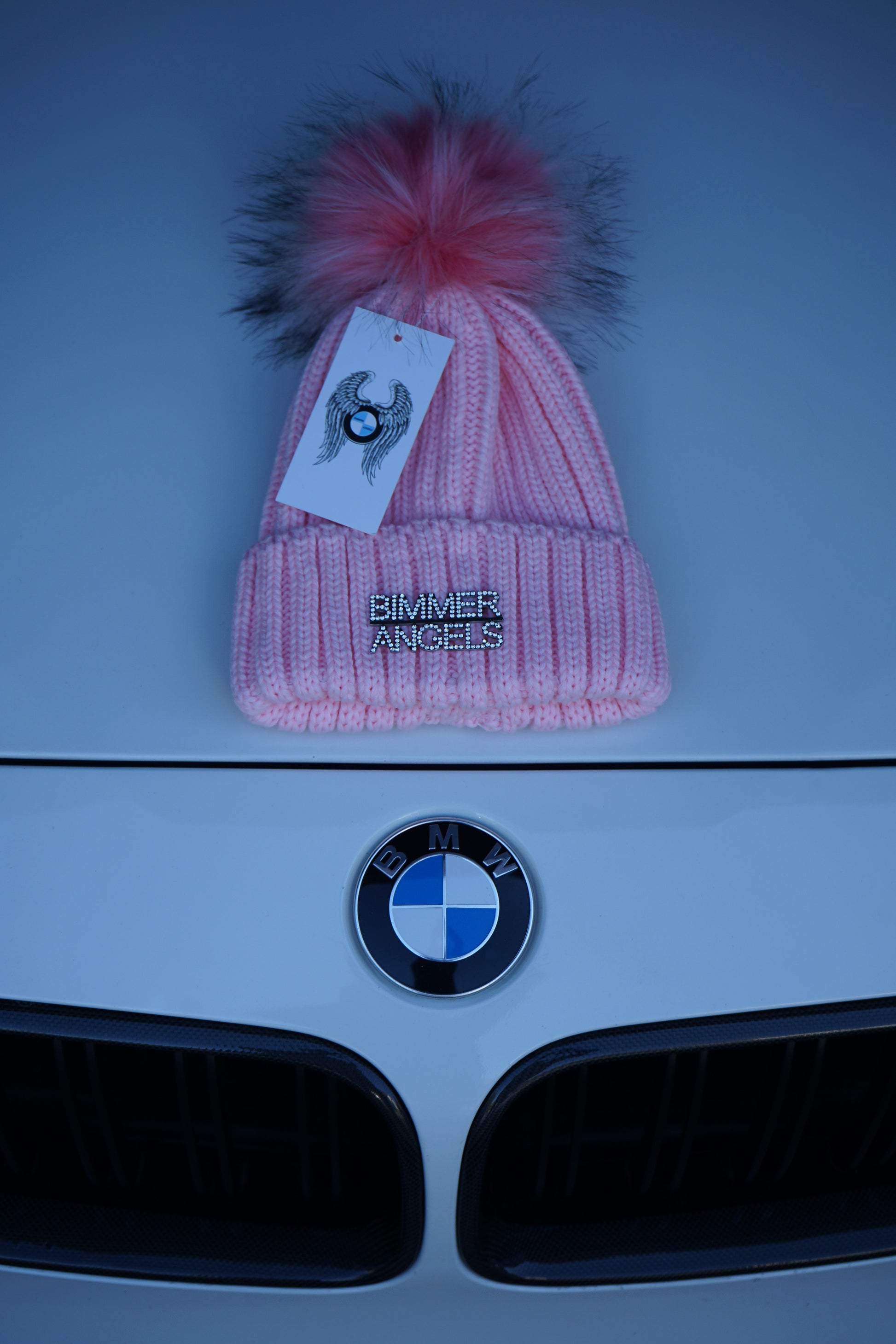 Rose Pink Fur Pom Beanie - Bimmer Angels