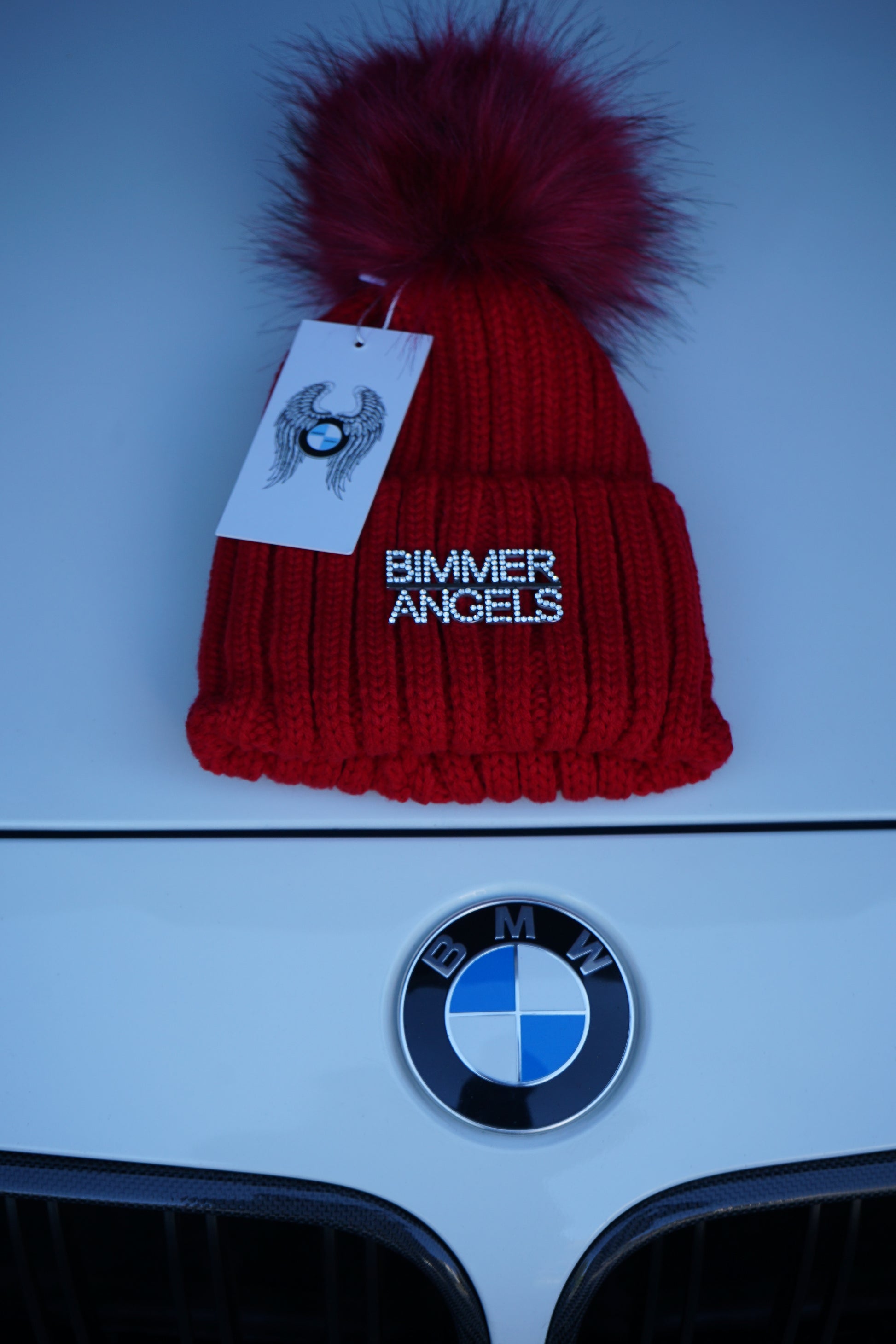 Crimson Red Fur Pom Beanie - Bimmer Angels