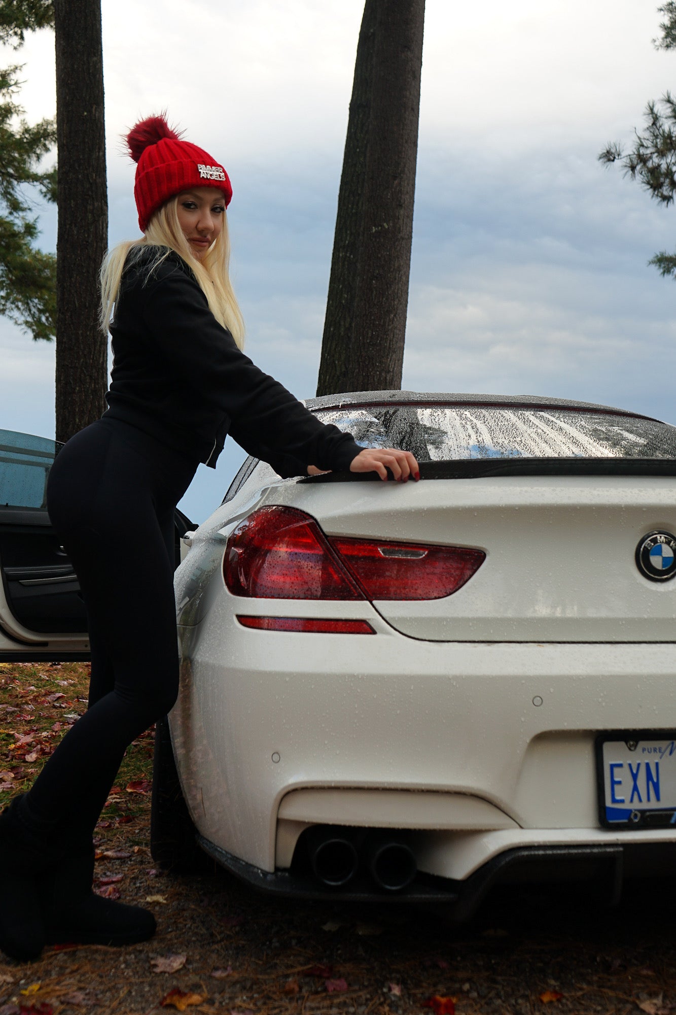 Crimson Red Fur Pom Beanie - Bimmer Angels