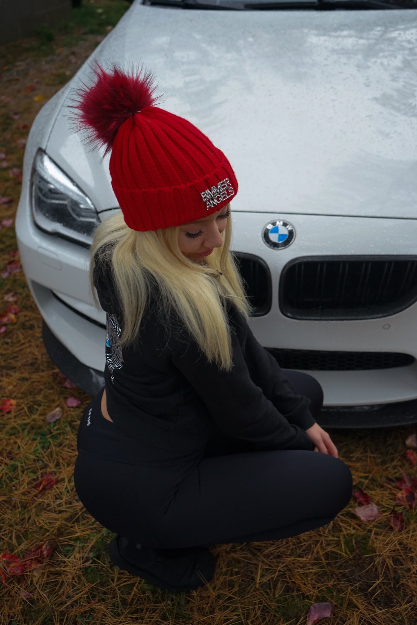 Crimson Red Fur Pom Beanie - Bimmer Angels