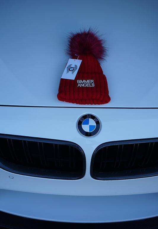 Crimson Red Fur Pom Beanie