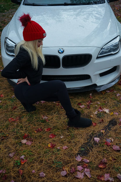 Crimson Red Fur Pom Beanie - Bimmer Angels